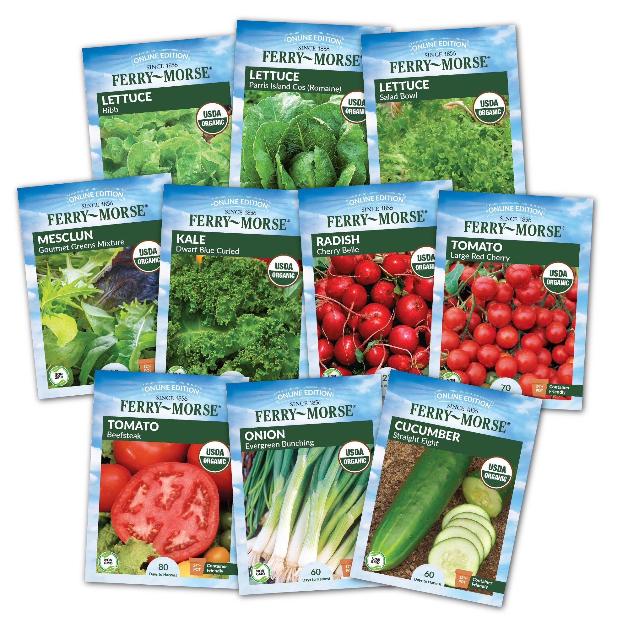 A collection of Ferry-Morse brand organic seed packets including varieties such as cucumber, kale, lettuce, mesclun, onion, radish, tomato, and bok choy.